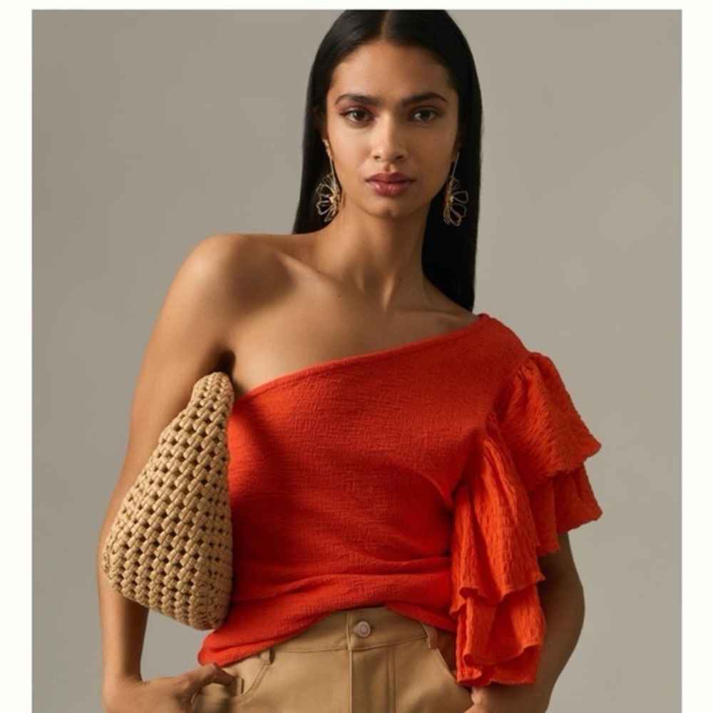 NWT By Anthropologie One Shoulder Ruffle Top Orange in Sz‎ L